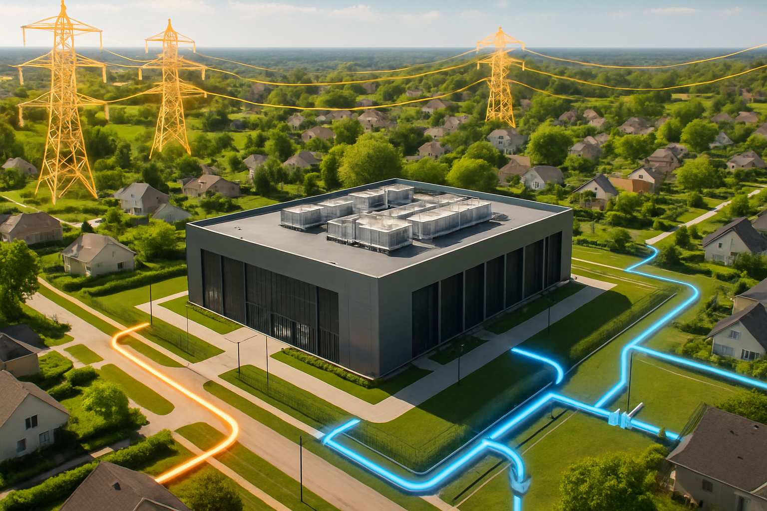 Aerial view of Data Center near Springdale homes highlights water and energy strain.