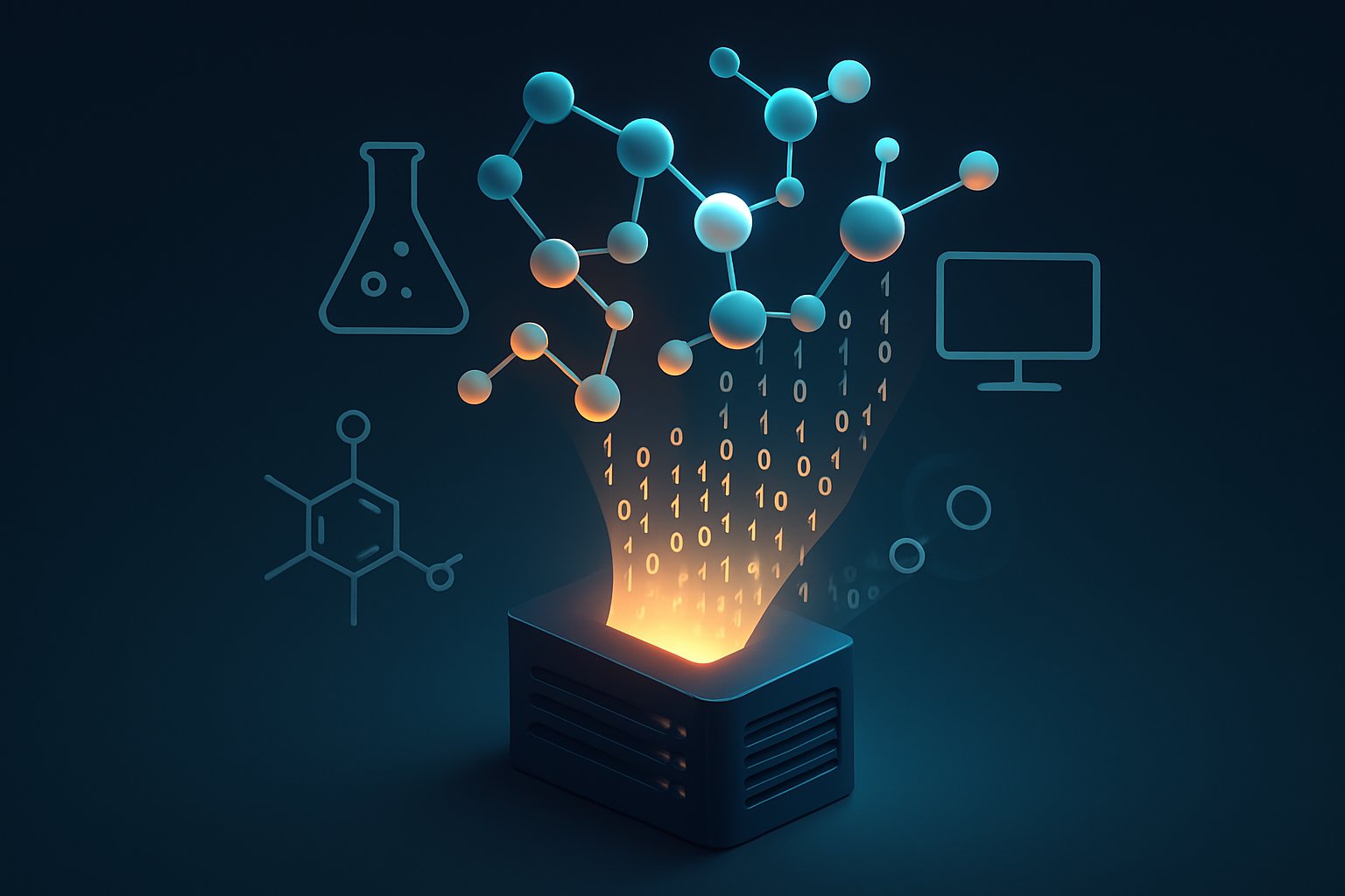 Digital rendering showing Scientific Data fueling molecular simulations and chemistry advancements.