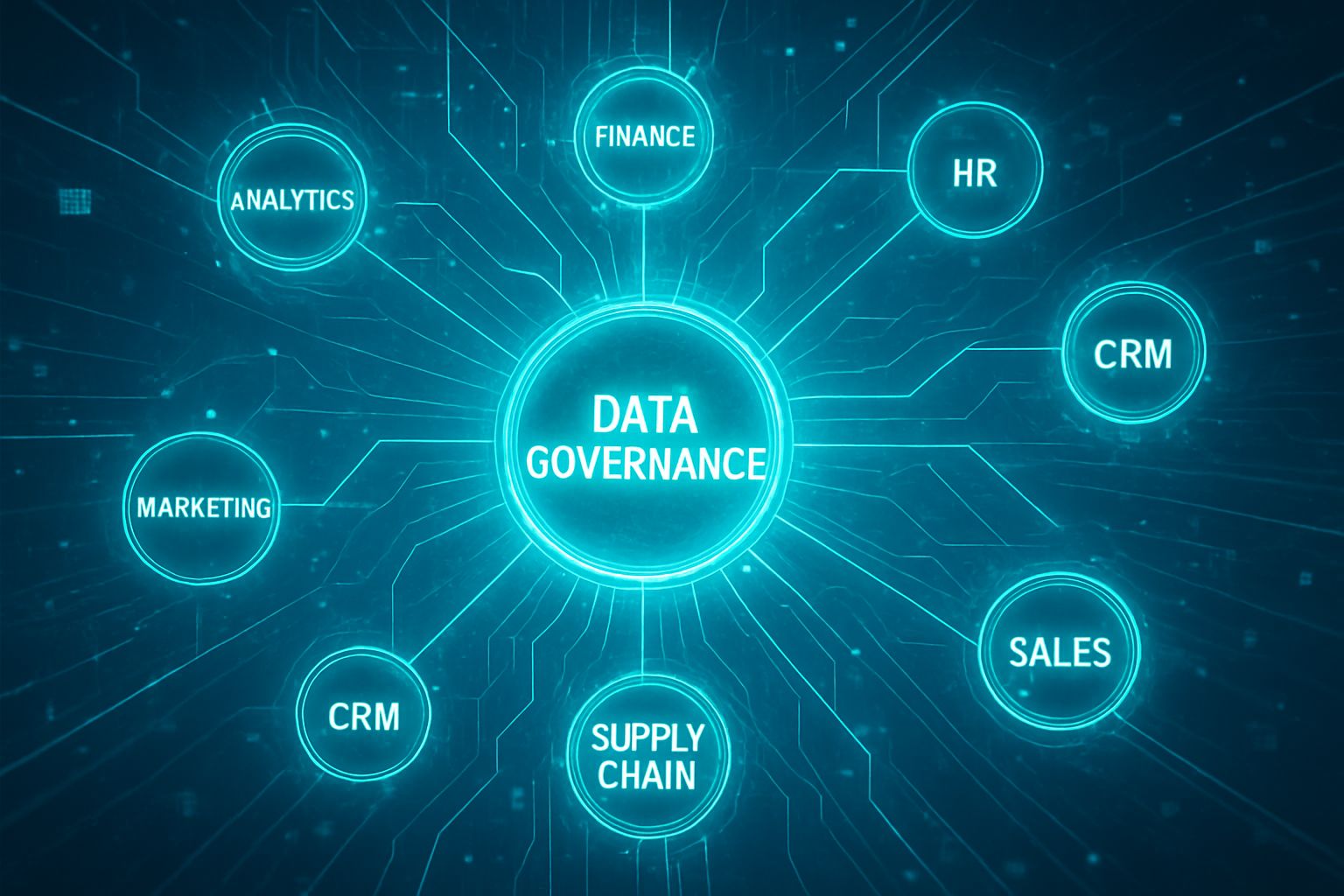 Futuristic ecosystem network highlighting Data Governance as the central hub.