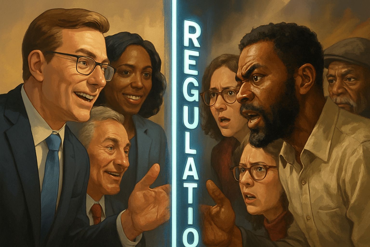 Industry and civil groups divided over AI Regulation, shown as a digital barrier.