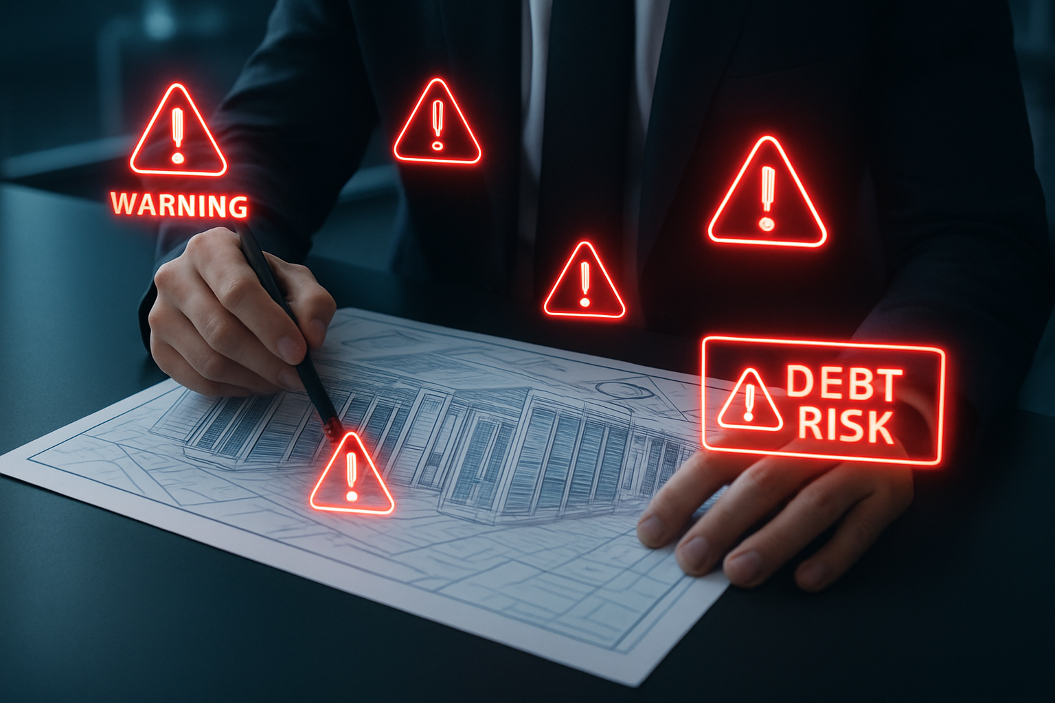 Business professional examining AI data-centre investment plans with debt risk indicators.