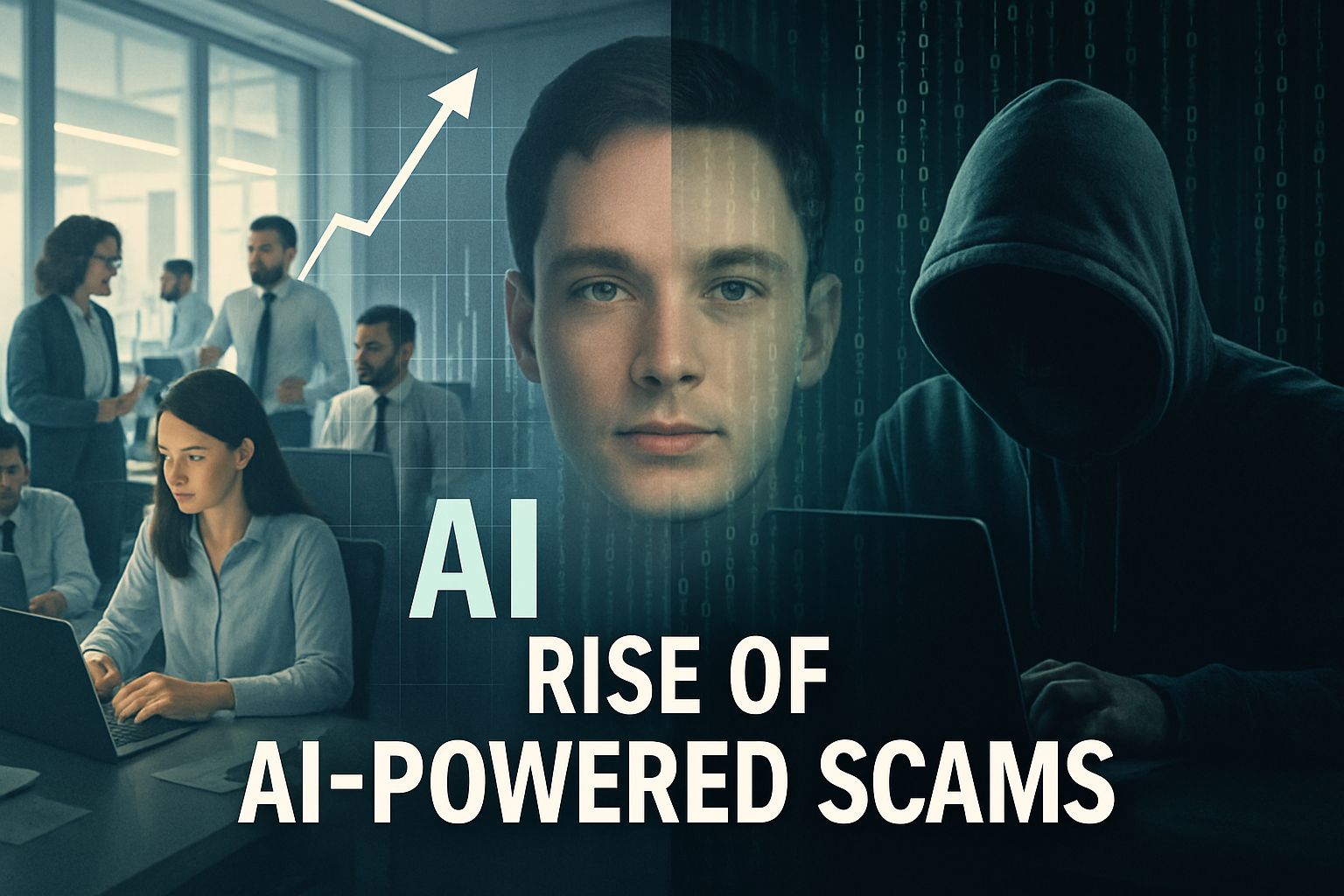 AI Fraud illustrated by hacker, office, and growing deepfake scam threats.