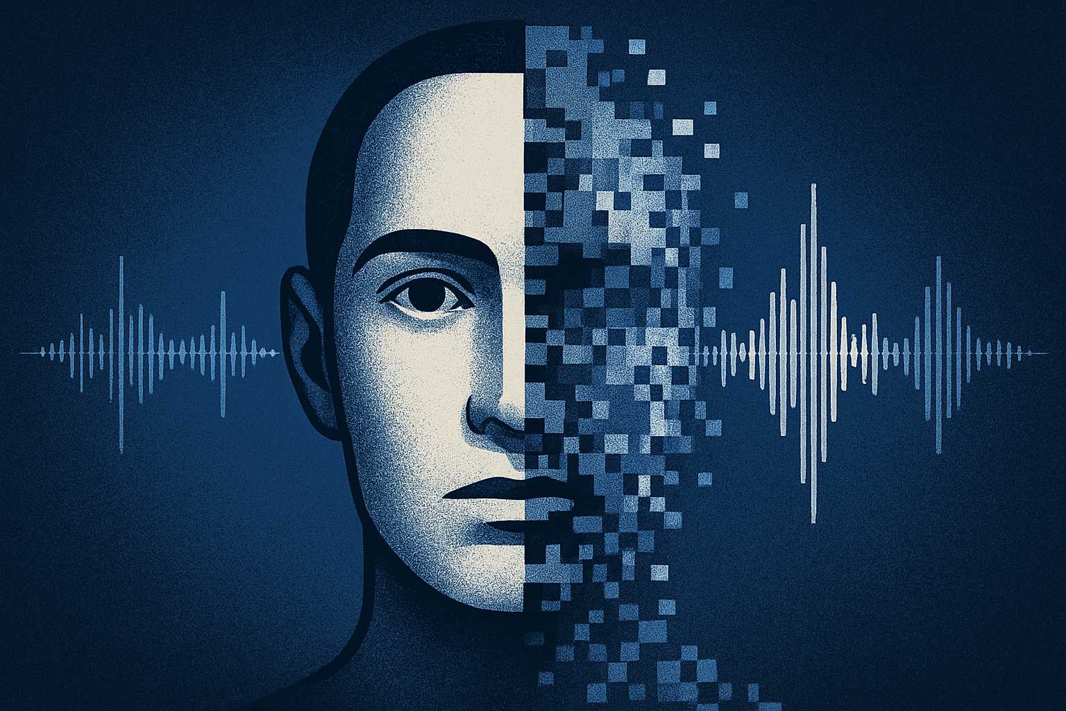 Split human face illustrating Voice Cloning and deepfake risks