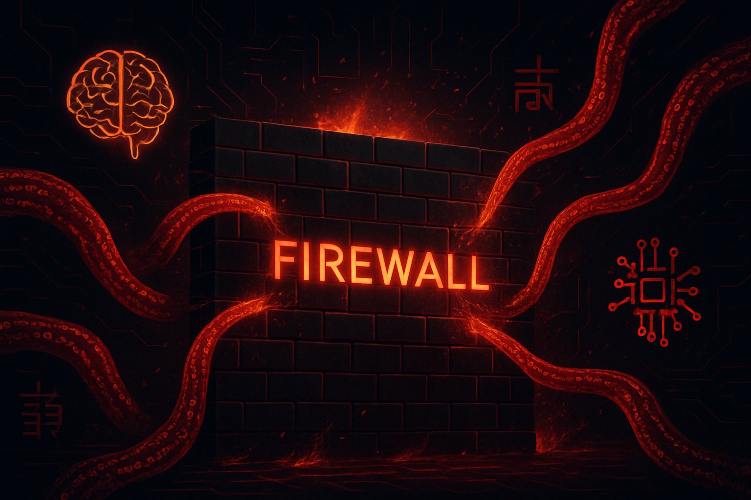 AI cybersecurity espionage illustrated with AI icons, digital firewall, and Chinese-influenced cyber code.