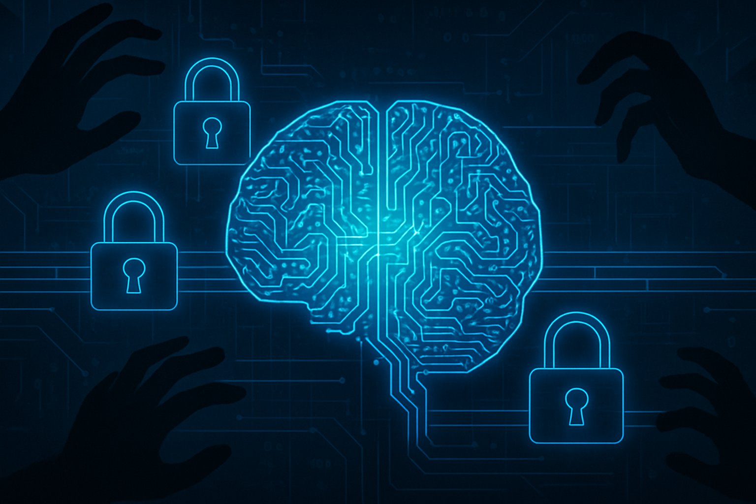 Cybersecurity defenses surrounding AI brain with digital locks and shadow threats.