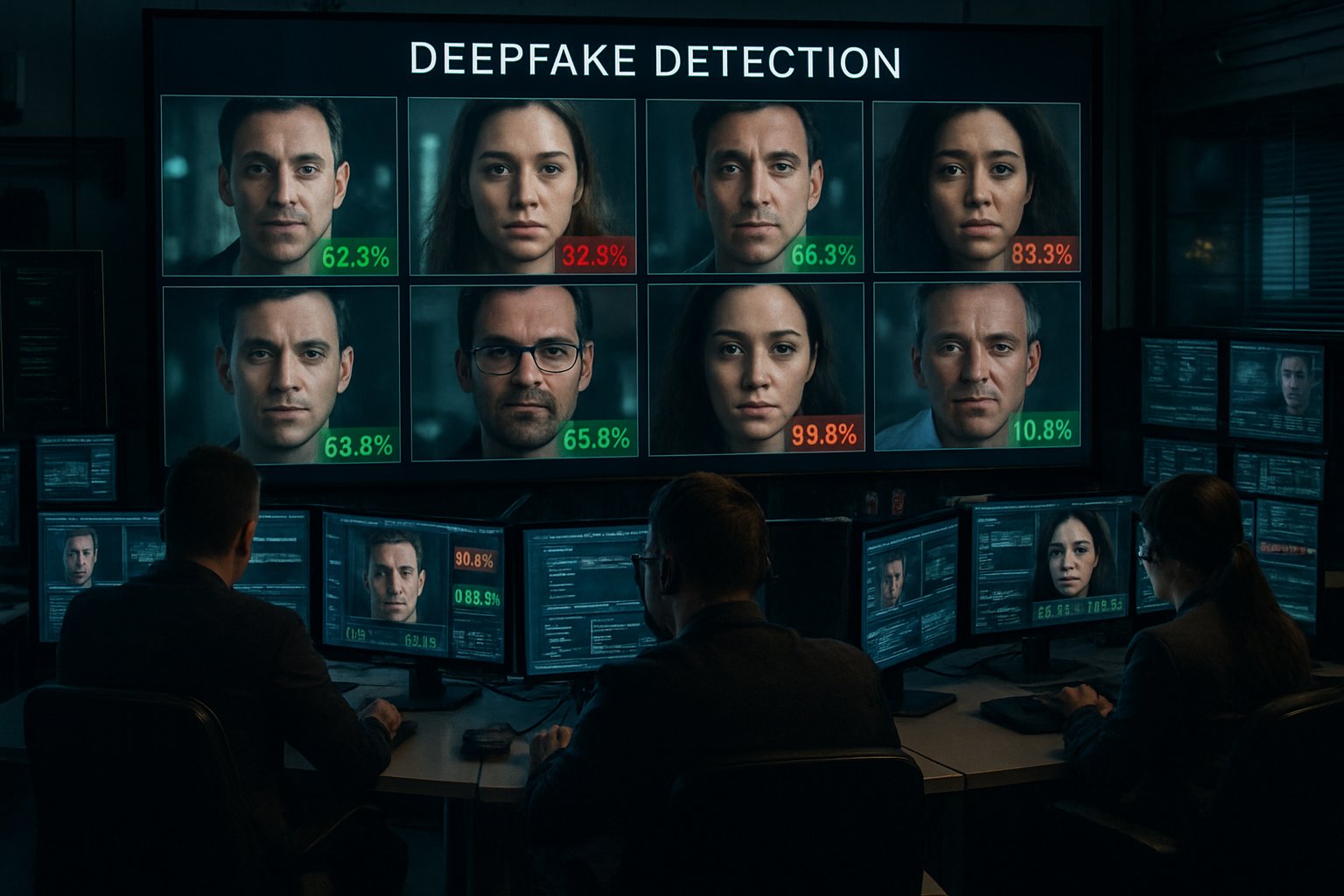 Security analysts reviewing Deepfake Detection results on screens in a control room.