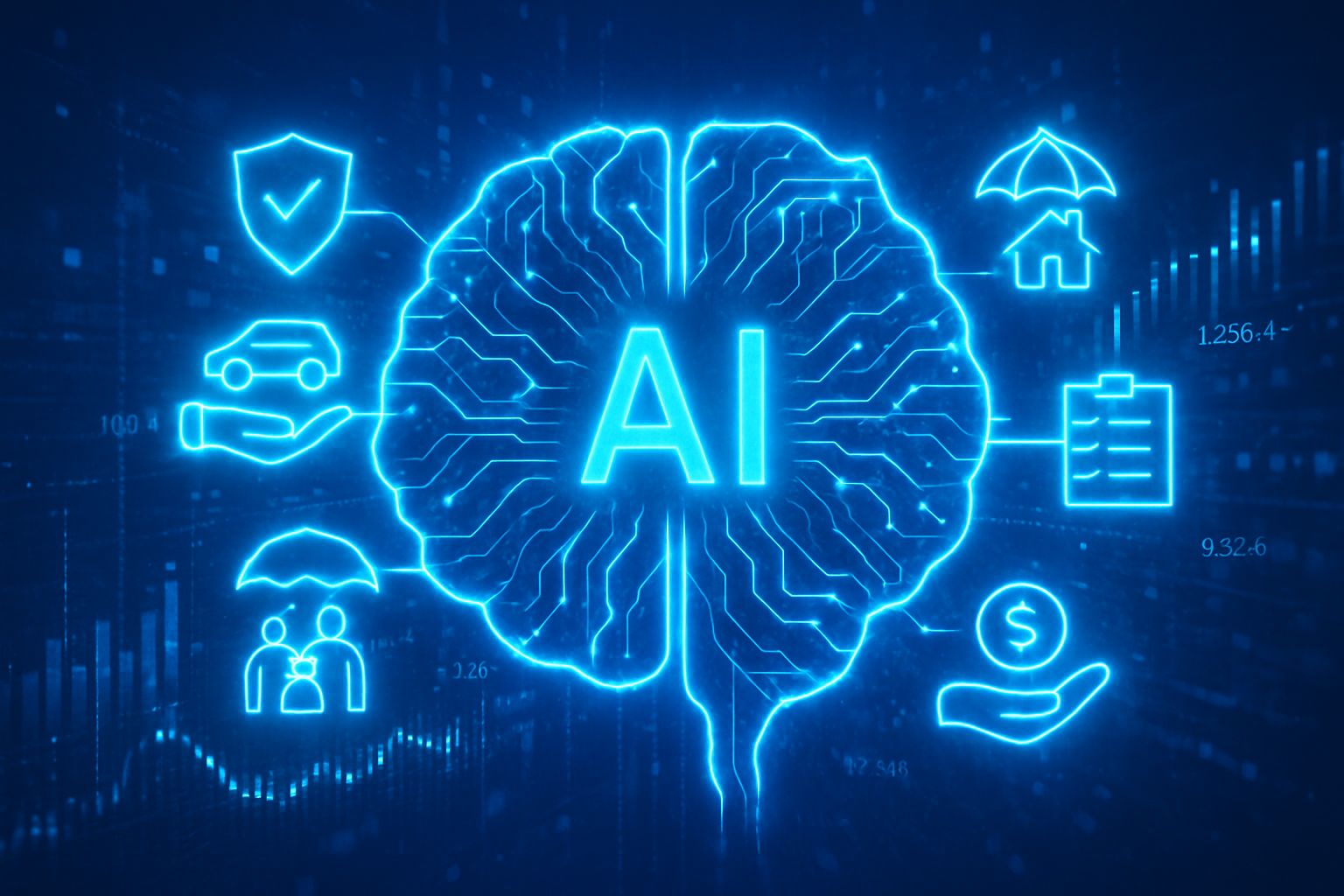 Insurtech innovation depicted by digital AI brain and insurance icons.