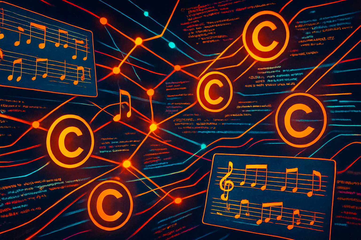 Dynamic merging of digital music and copyright icons represents Music Licensing evolution.