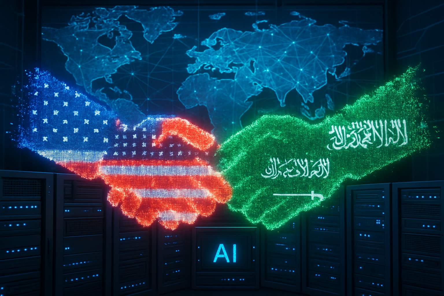 American and Saudi digital handshake symbolizing geopolitical AI alignment