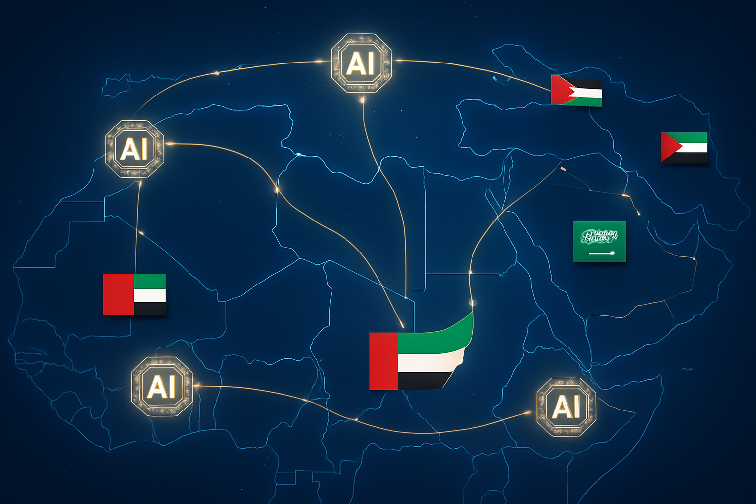 AI diplomacy visualized as digital connections across MENA with UAE leadership.