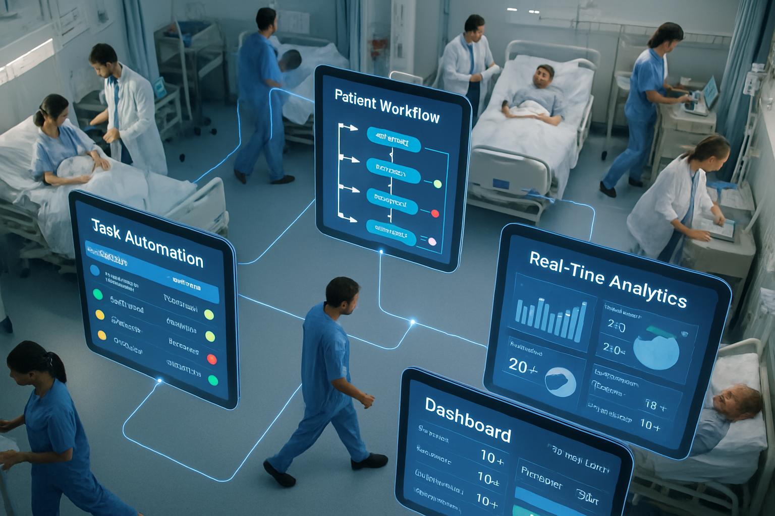 Digital dashboards coordinating hospital tasks with healthcare workflow automation