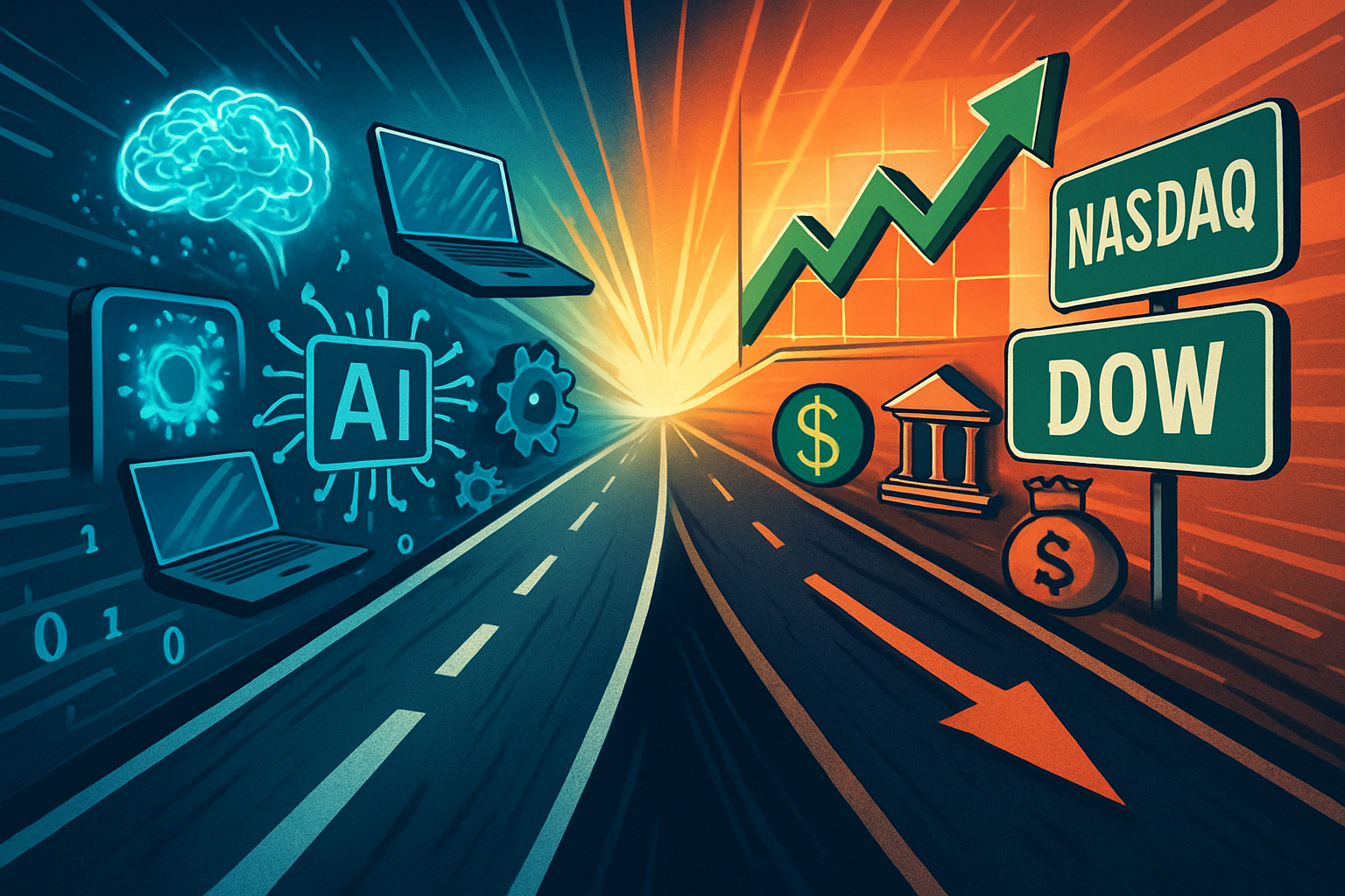 Illustration of AI market volatility separating Nasdaq and Dow performance.