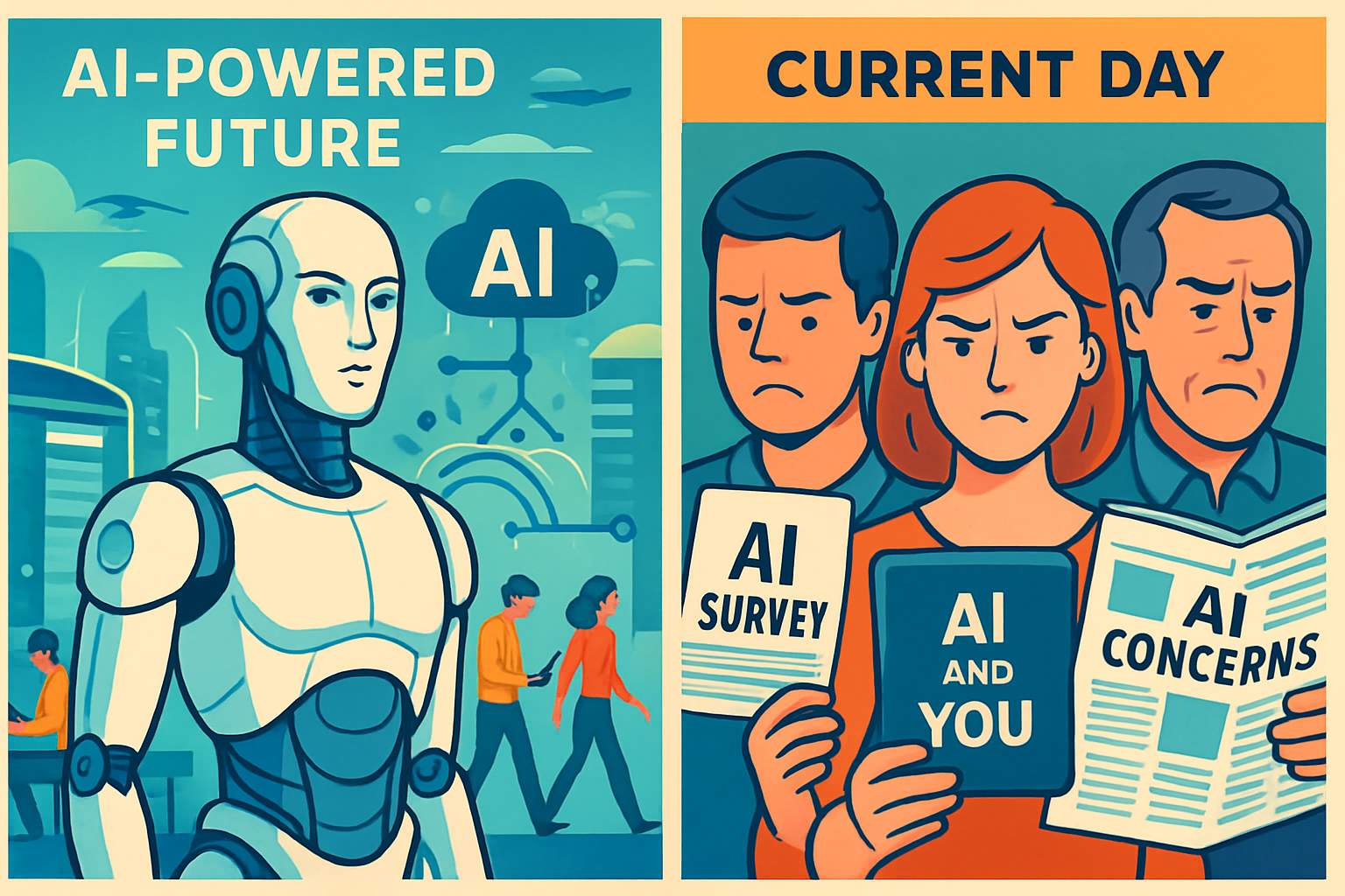 Superintelligent AI timeline split between futuristic robots and present-day survey analysis.