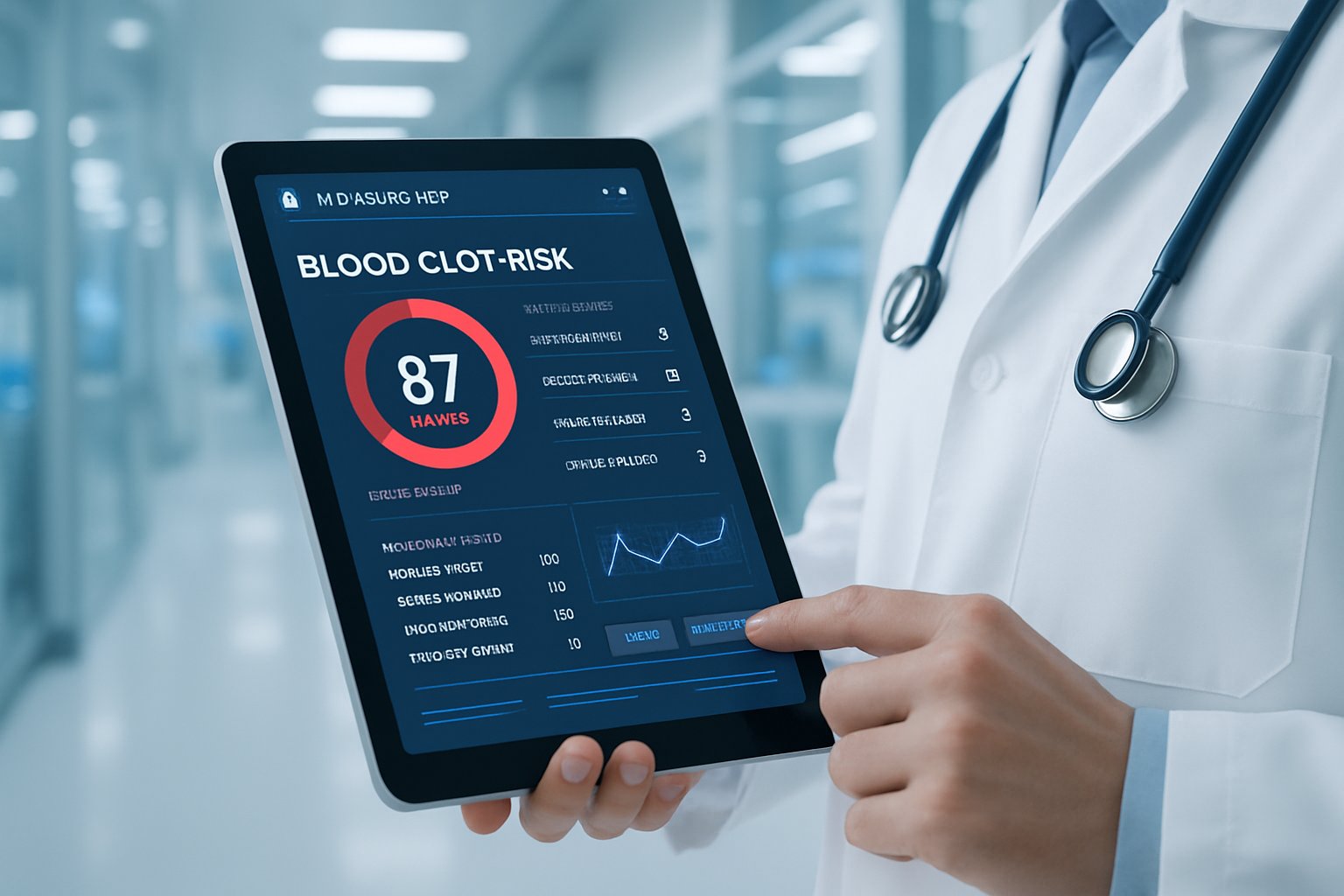 Doctor using Healthcare AI Risk Prevention dashboard to identify blood clot risks.