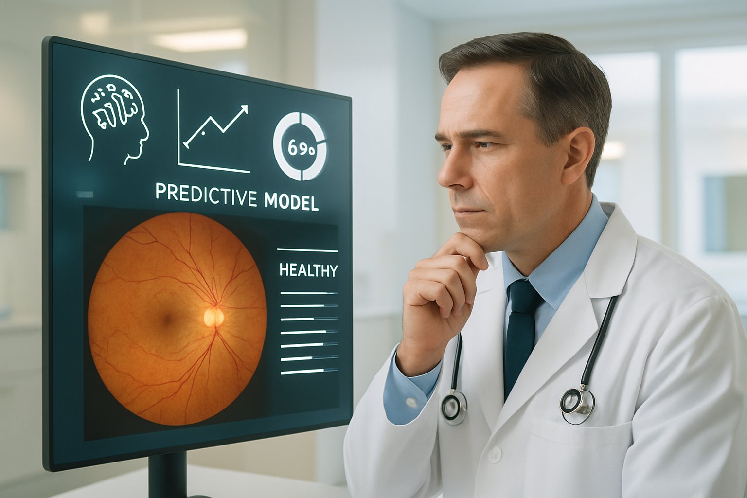 Doctor interpreting AI-analyzed retinal scans for Medical Diagnostics advancements.