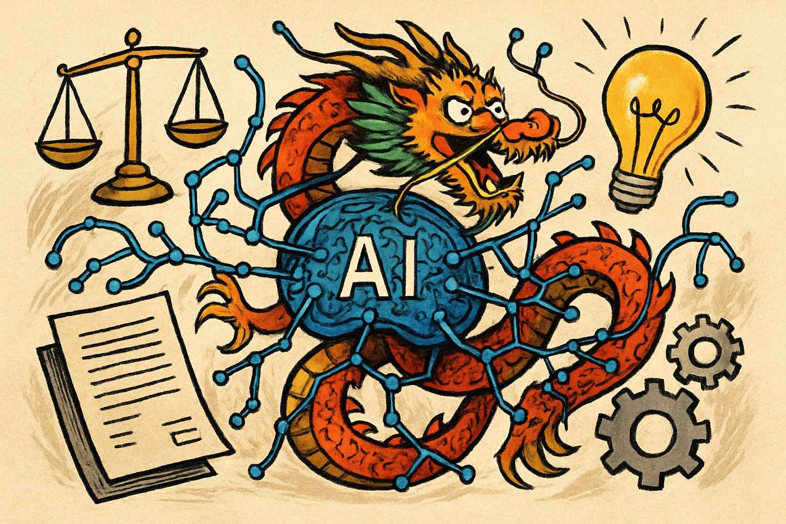 Chinese dragon entangled with AI neural networks and law symbols, reflecting AI governance framework.