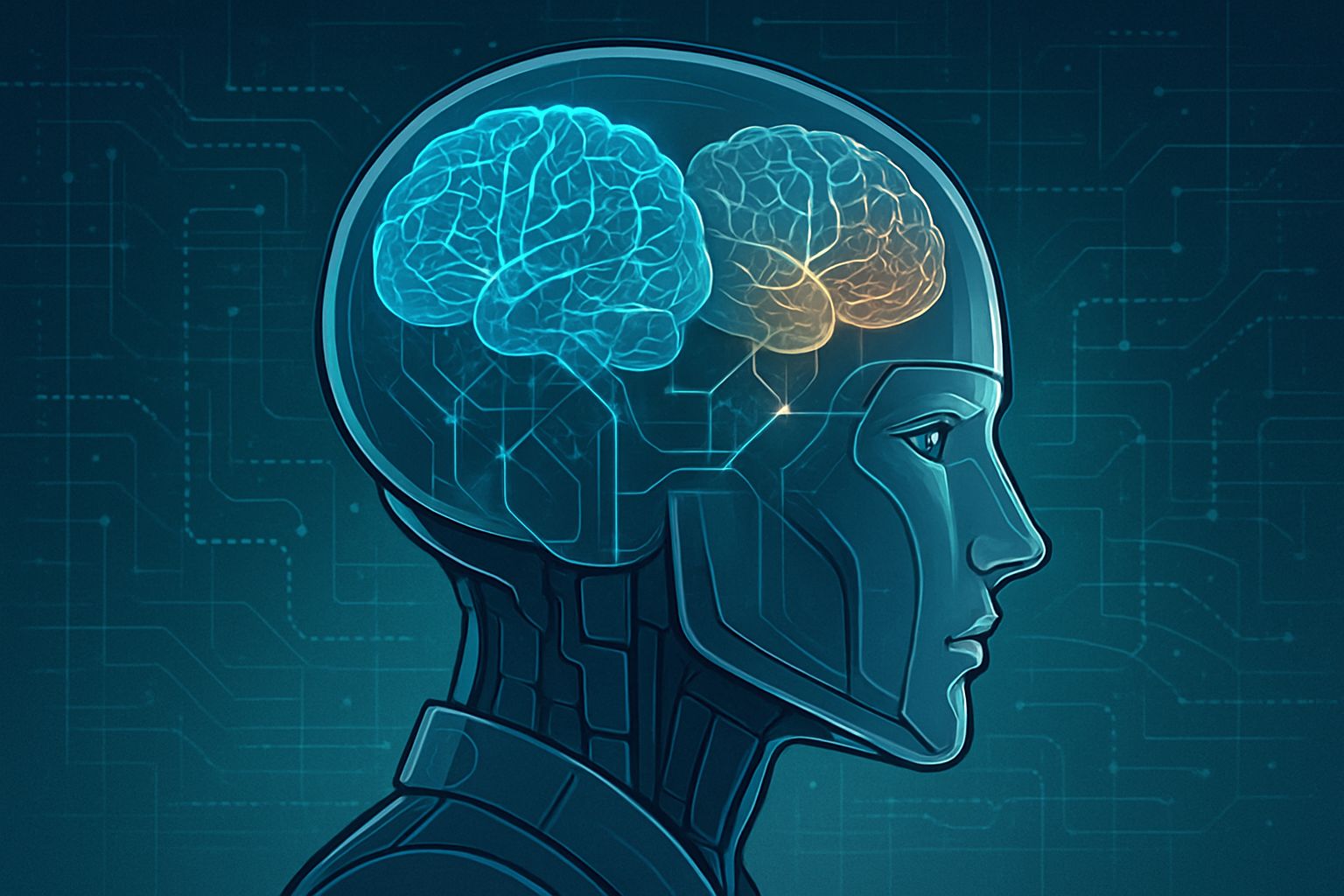 AI robotics model with dual-brain neural architecture visualized in a robot head.