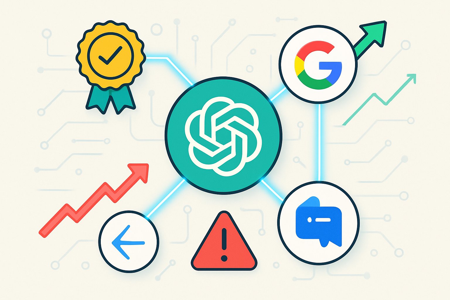 AI Chat Ecosystem visual network with ChatGPT, Google, and Microsoft icons