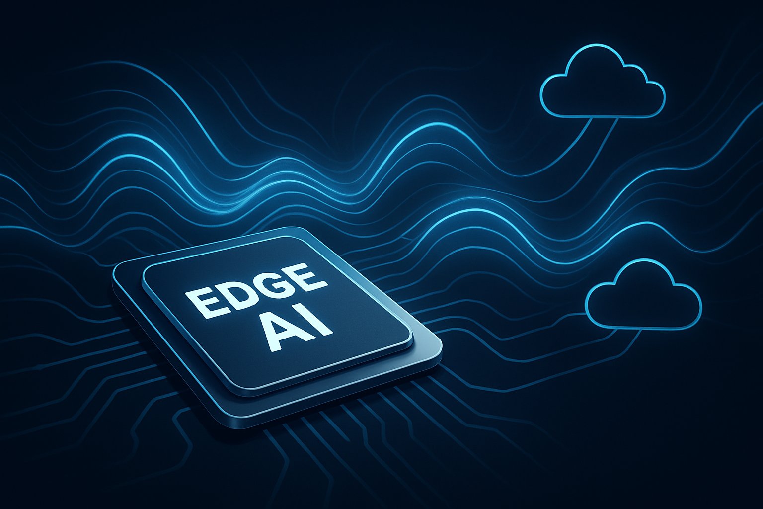 Close-up of an edge AI chip with digital cloud connections representing modern processing power.