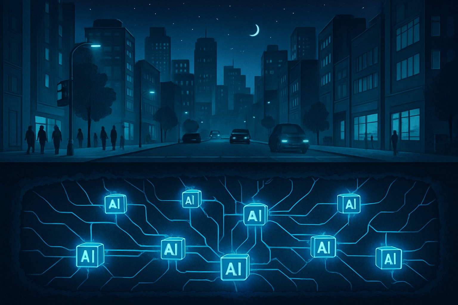Small AI Models depicted as glowing nodes under city representing efficient AI infrastructure.