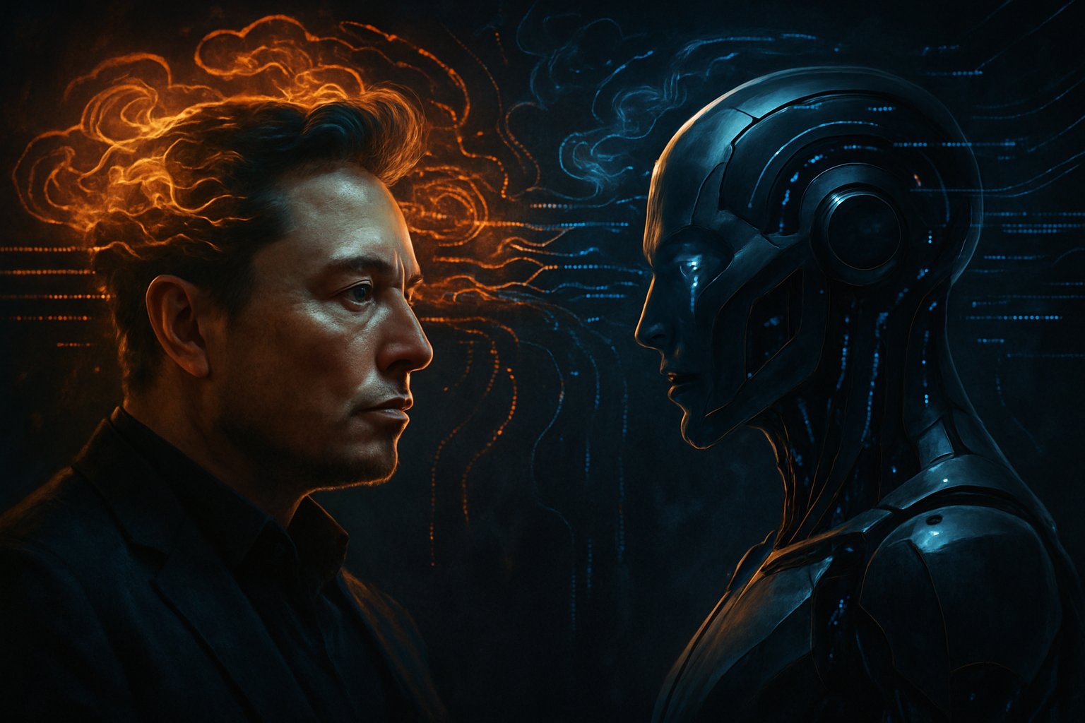 Elon Musk and humanoid robot connected by digital mind-to-robot transfer.