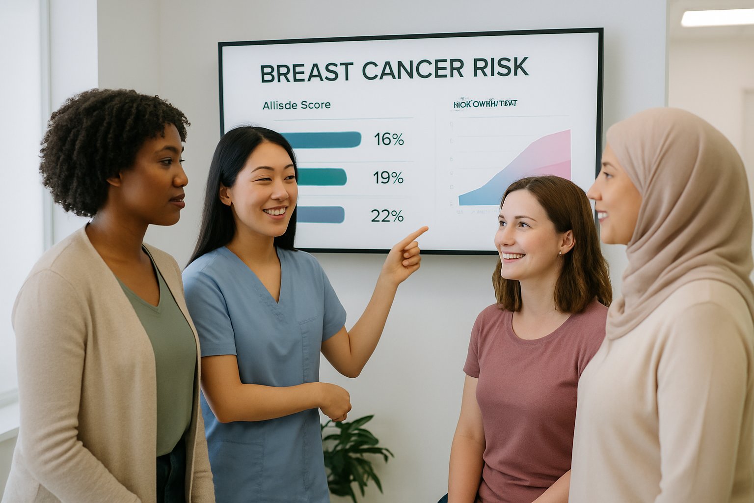 Digital Health dashboard with AI breast cancer risk scores in a clinic.
