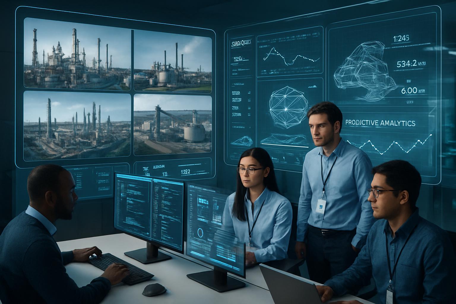 Engineers monitor industry operations using advanced physical world AI systems in control room.