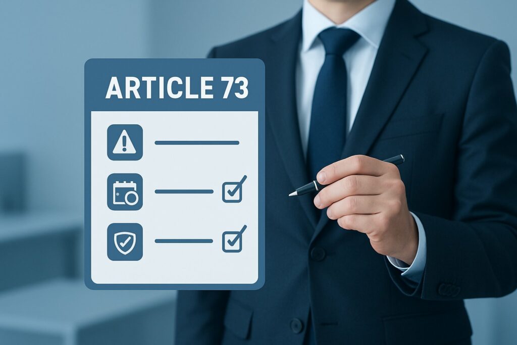 Business professional reviewing Article 73 compliance checklist for EU AI Act obligations
