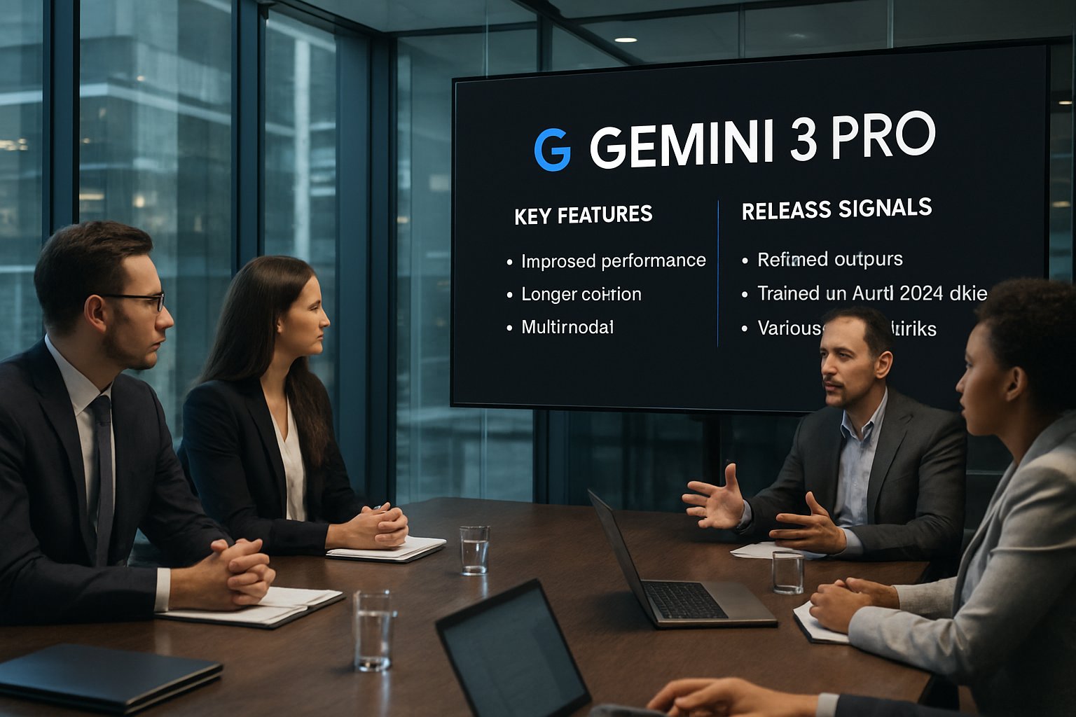 Business team analyzing Gemini 3 Pro release signals in a modern office.