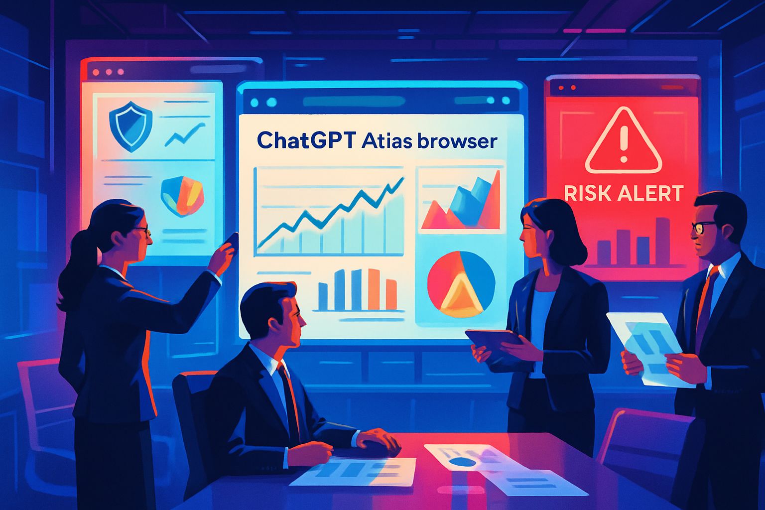 ChatGPT Atlas browser analysis with professionals reviewing risks and insights in boardroom.