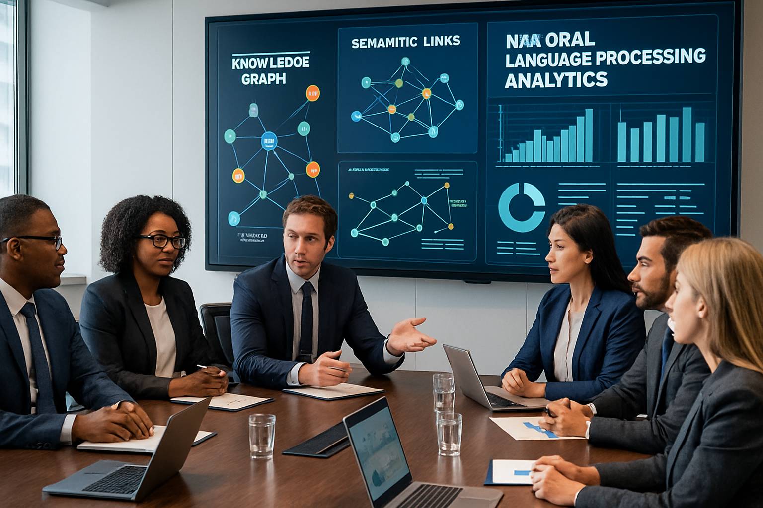 Business team explores Semantic Search-driven knowledge graphs and analytics.