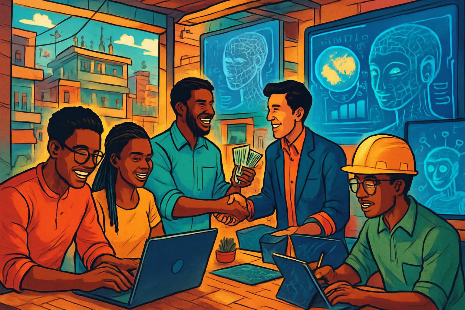 Entrepreneurs in a tech hub discuss emerging-market AI projects attracting investment.
