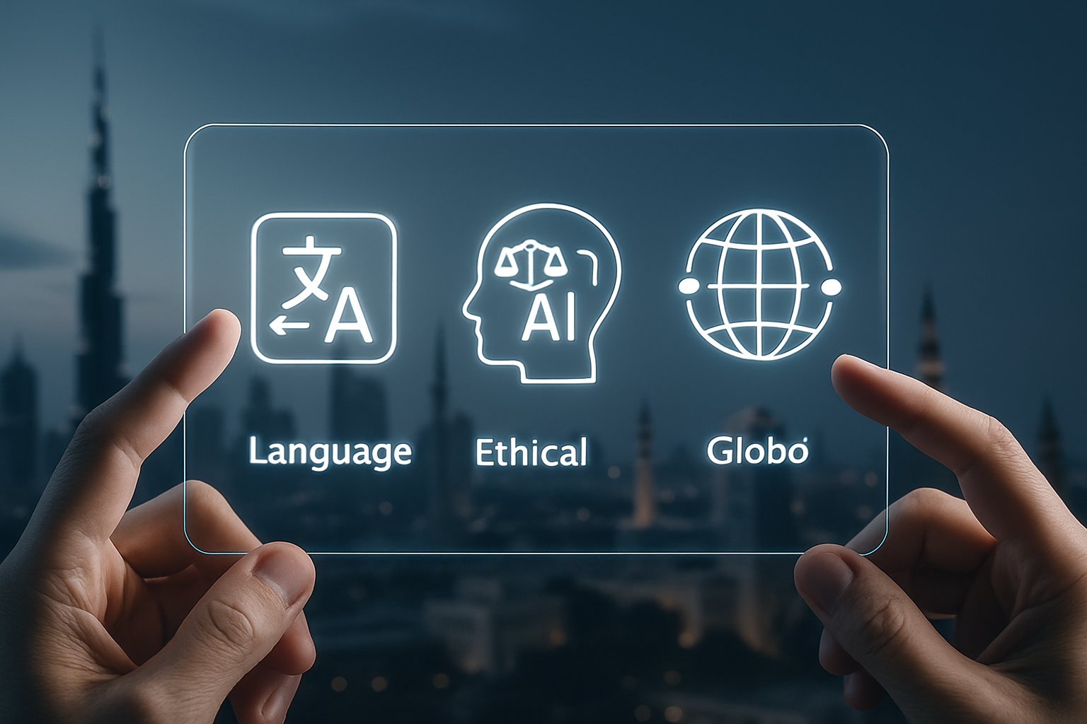 Transparent digital interface highlights multilingual and ethical Human-centered AI applications.
