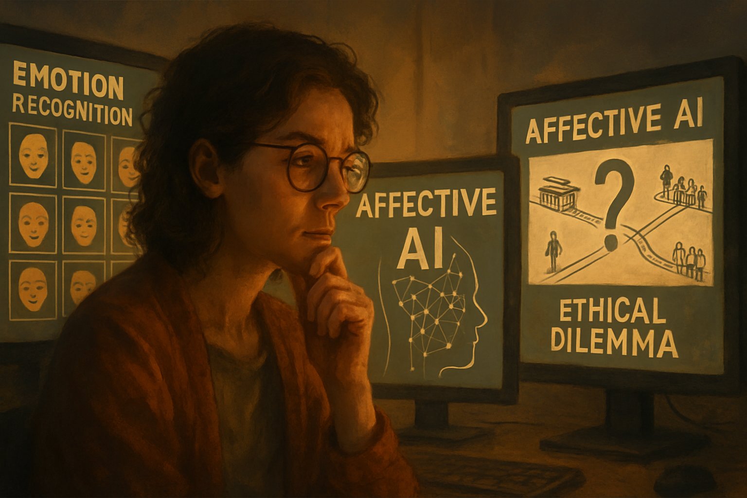 Researcher analyzes Affective AI Engines and their ethical implications on multiple screens.