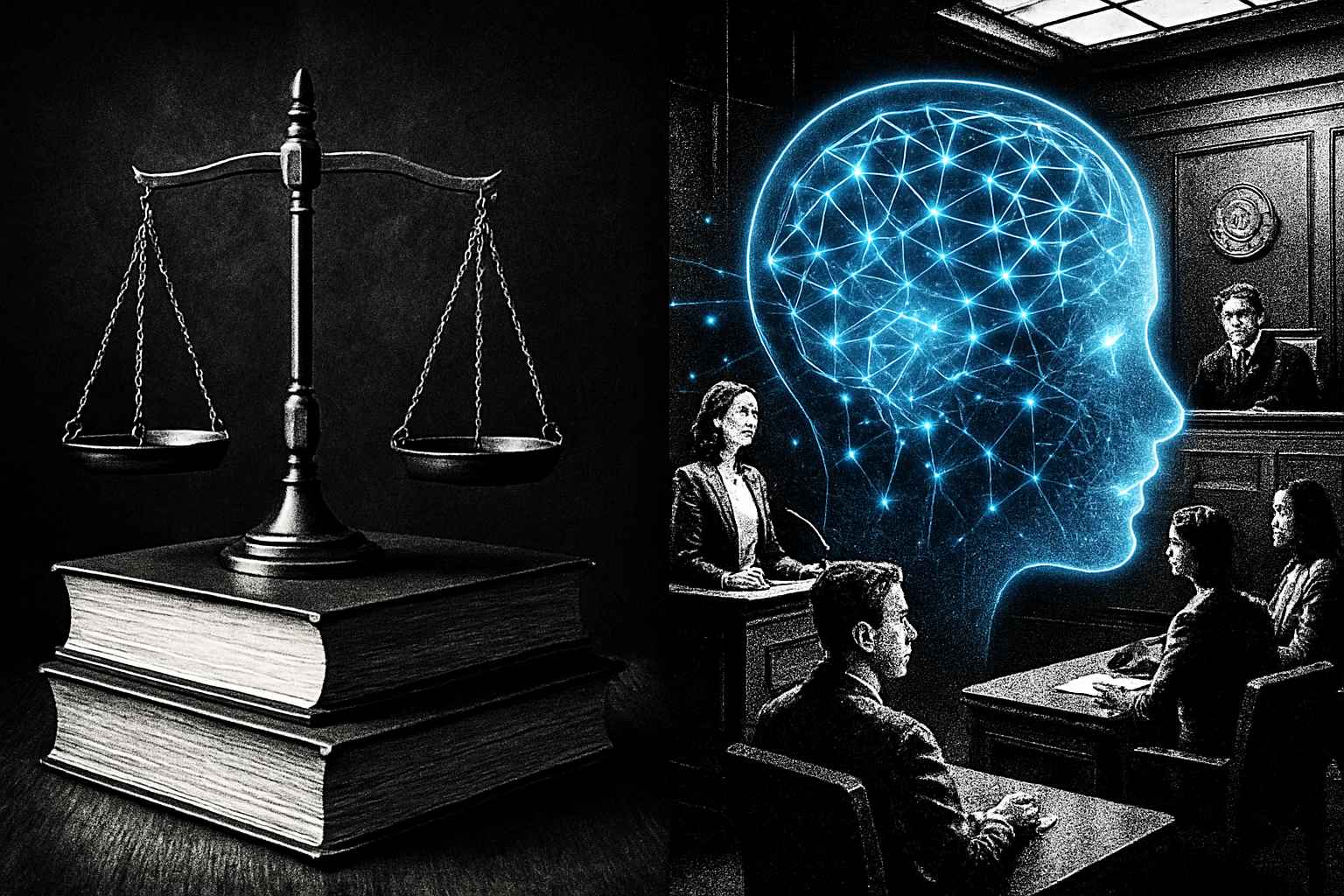 Legal Ethics illustrated with law symbols and AI hallucinating imaginary court participants.