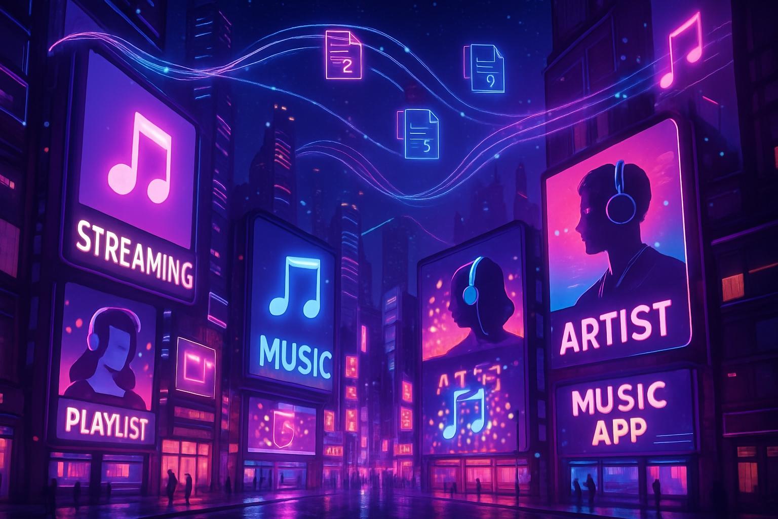 Futuristic city visualizes changing Music Industry licensing and streaming dynamics.