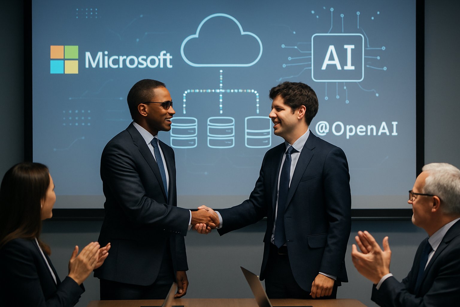 Strategic partnership expansion depicted by Microsoft and OpenAI executives shaking hands before cloud projections