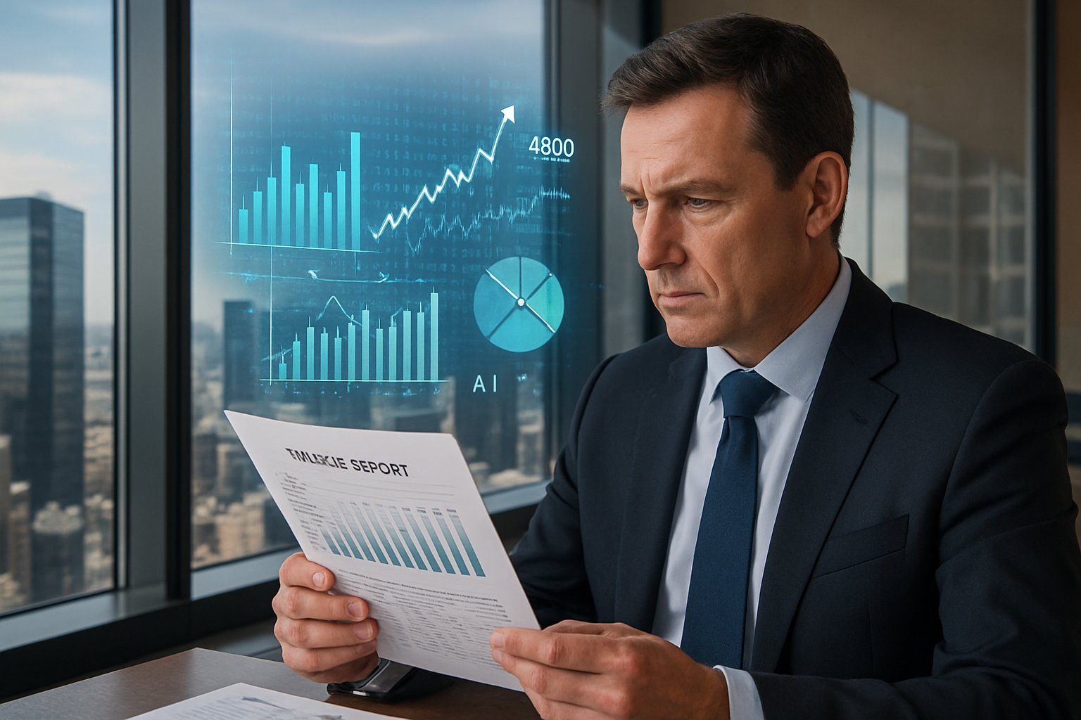 Executive reviewing market analysis with Nvidia financial reports in office.