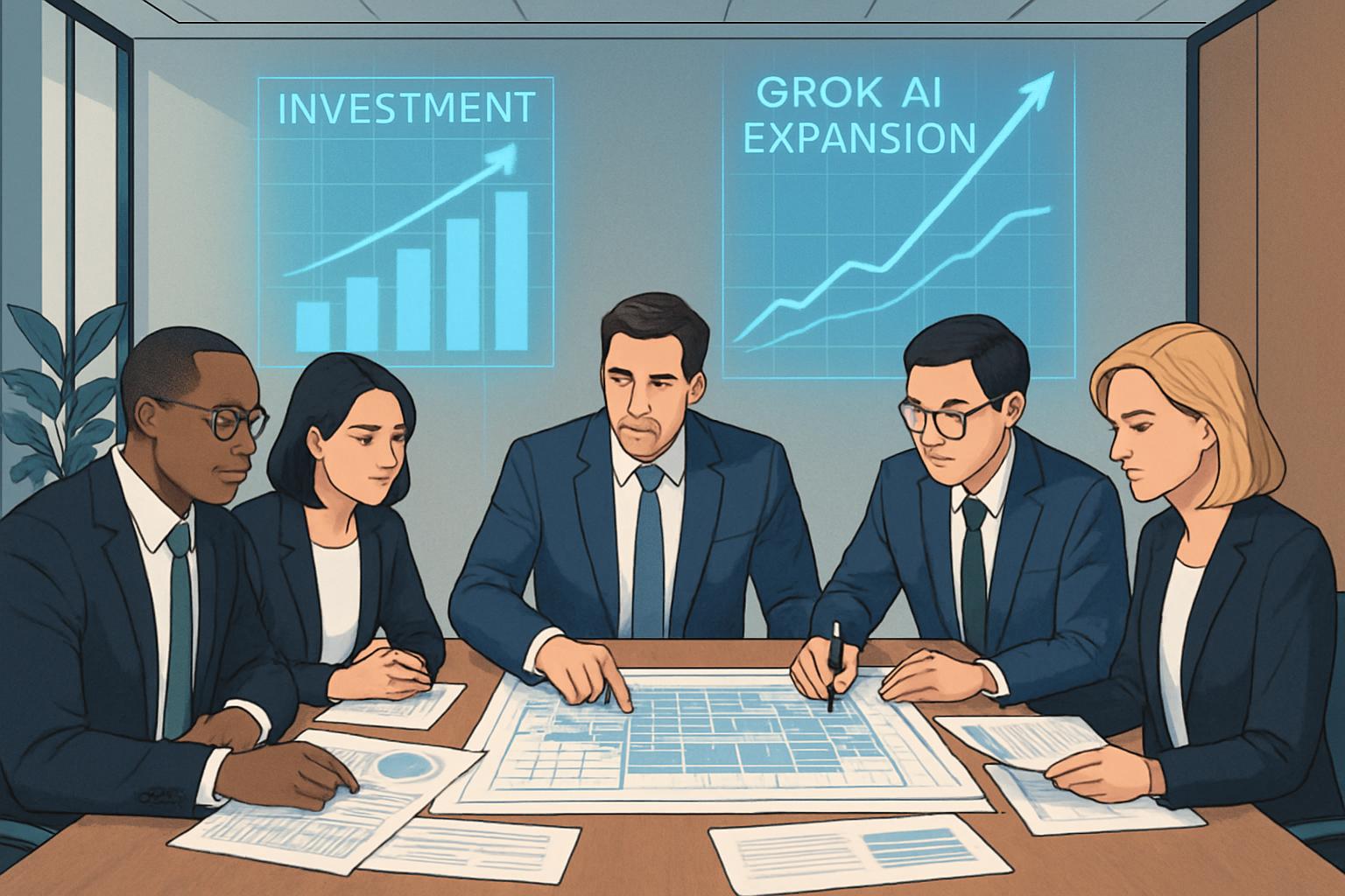 Tech executives discuss Grok AI expansion and funding growth in a modern boardroom setting.