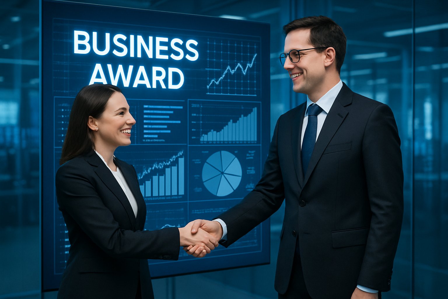 Executives celebrating Business Award win with digital charts in background.