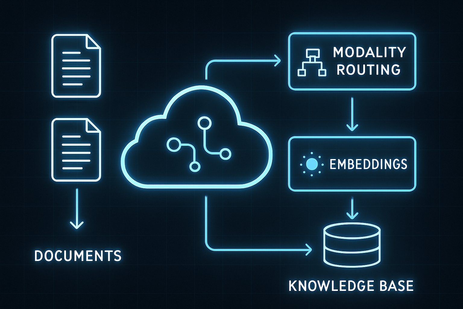 Flowchart visualization of document processing expansion connecting to knowledge bases in the cloud.