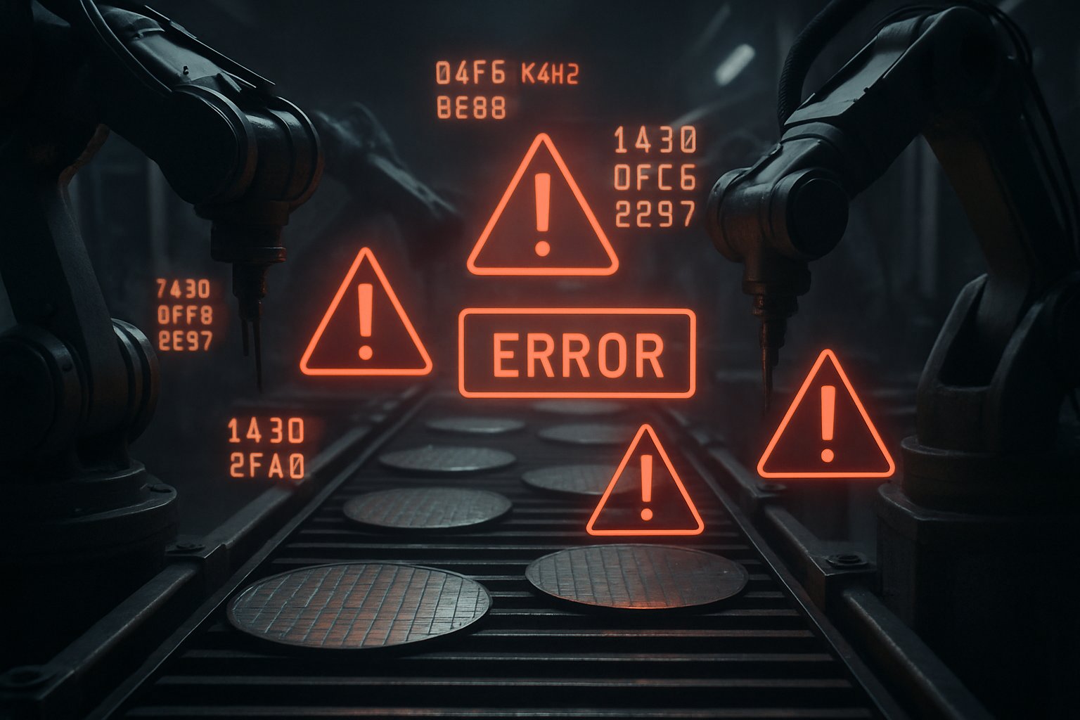 Semiconductor rout impacts production line with robots and warning signs