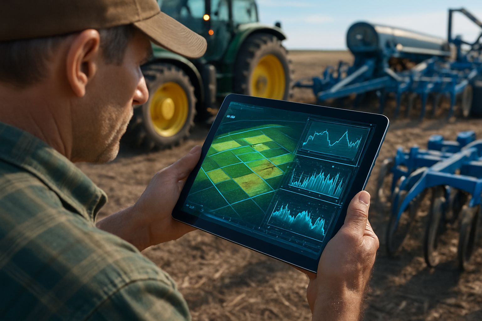 Farmer using AI-driven technology on tablet for Precision Farming management.