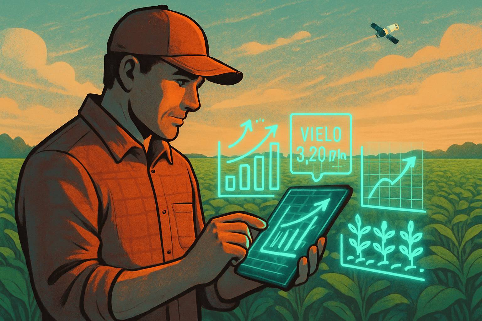 Precision Agriculture farmer using tablet with yield forecast holograms in field.
