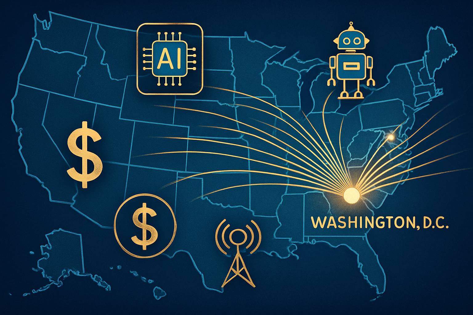 Federal Policy leveraging broadband funding over state AI laws in U.S. map illustration.
