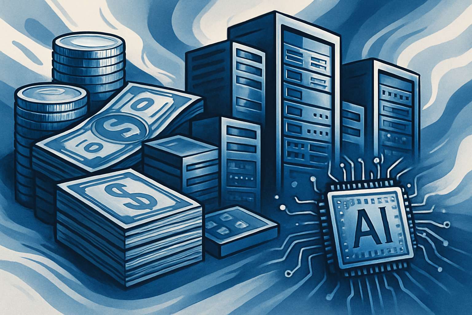 Corporate Finance visual metaphor with money transforming into AI infrastructure.