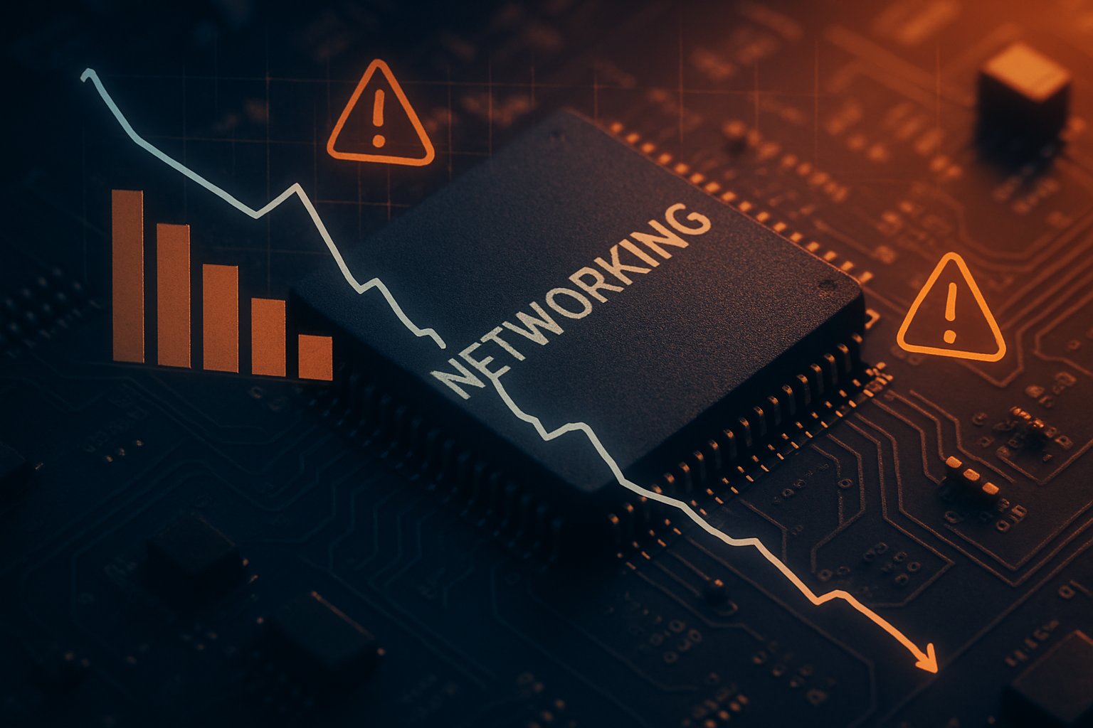 Close-up of networking chip with financial graph showing networking chip decline.