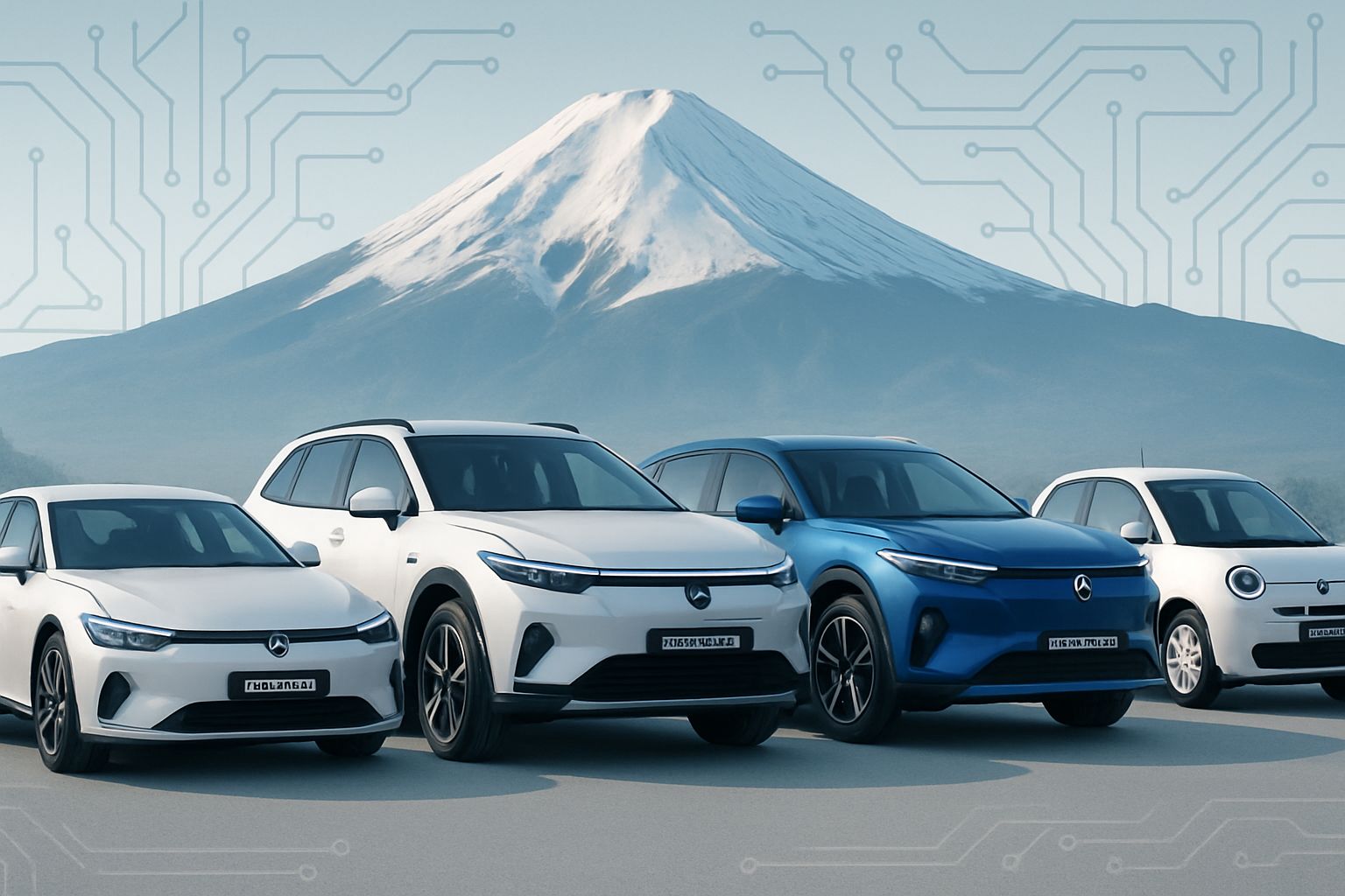 Diverse Foxconn electric vehicles showcasing electric vehicle diversification in Japan with Mount Fuji backdrop.