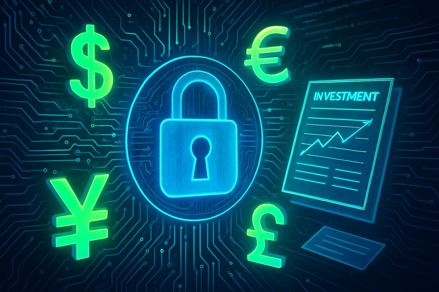 AI security funding concept with digital lock, code, and currency elements.