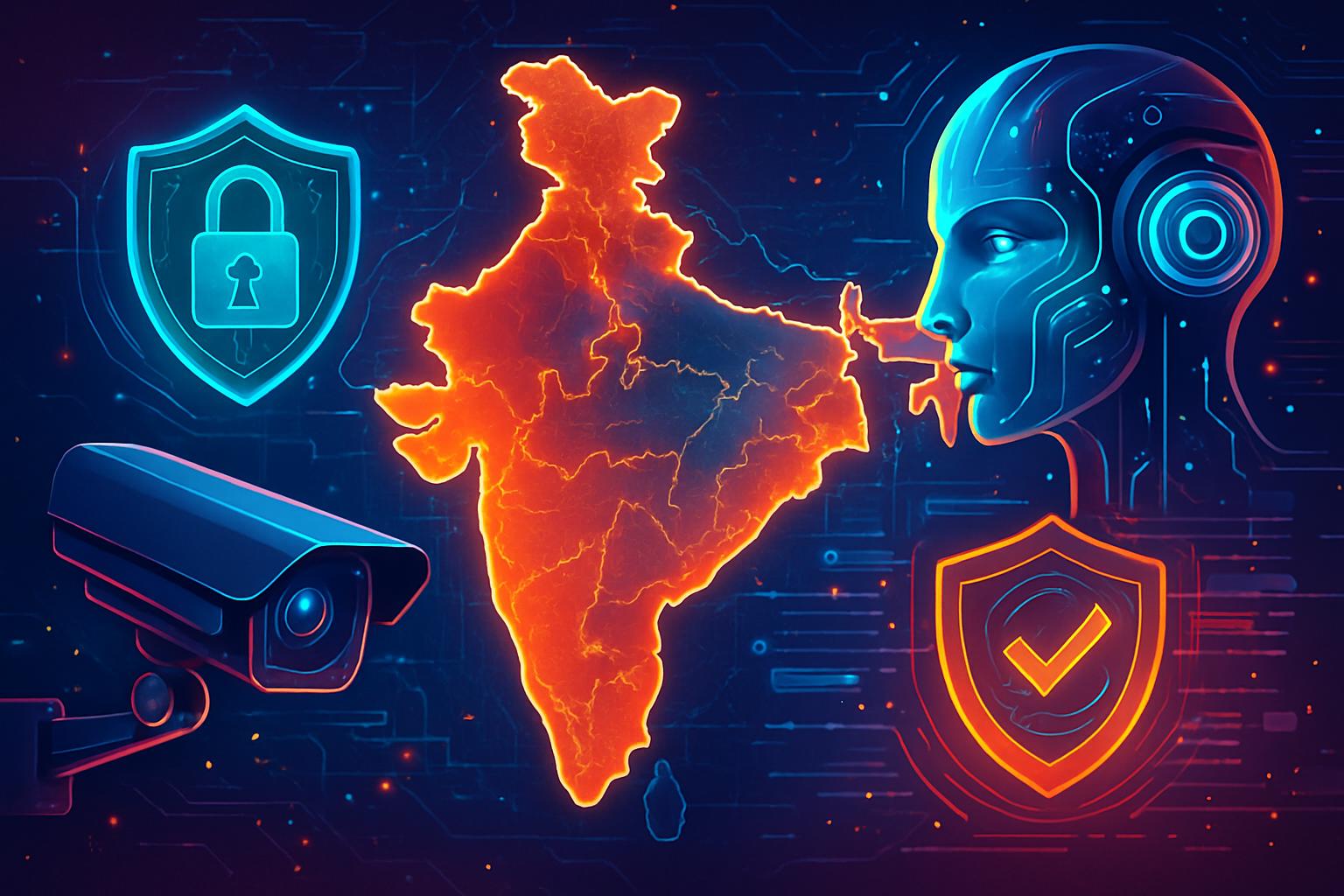 Futuristic Defense AI systems integrated with digital map of India and privacy icons.
